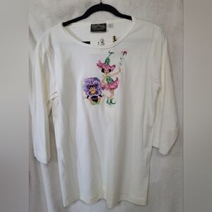 New Bob Mackie Shirt Women Size S White Floral Embroidered  Fairies